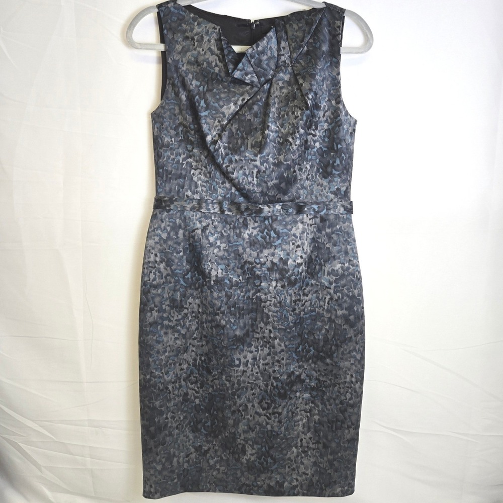 Tahari Ruffle Neck Watercolor Print Cocktail Sheath Dress, Blue Black Gray, 6